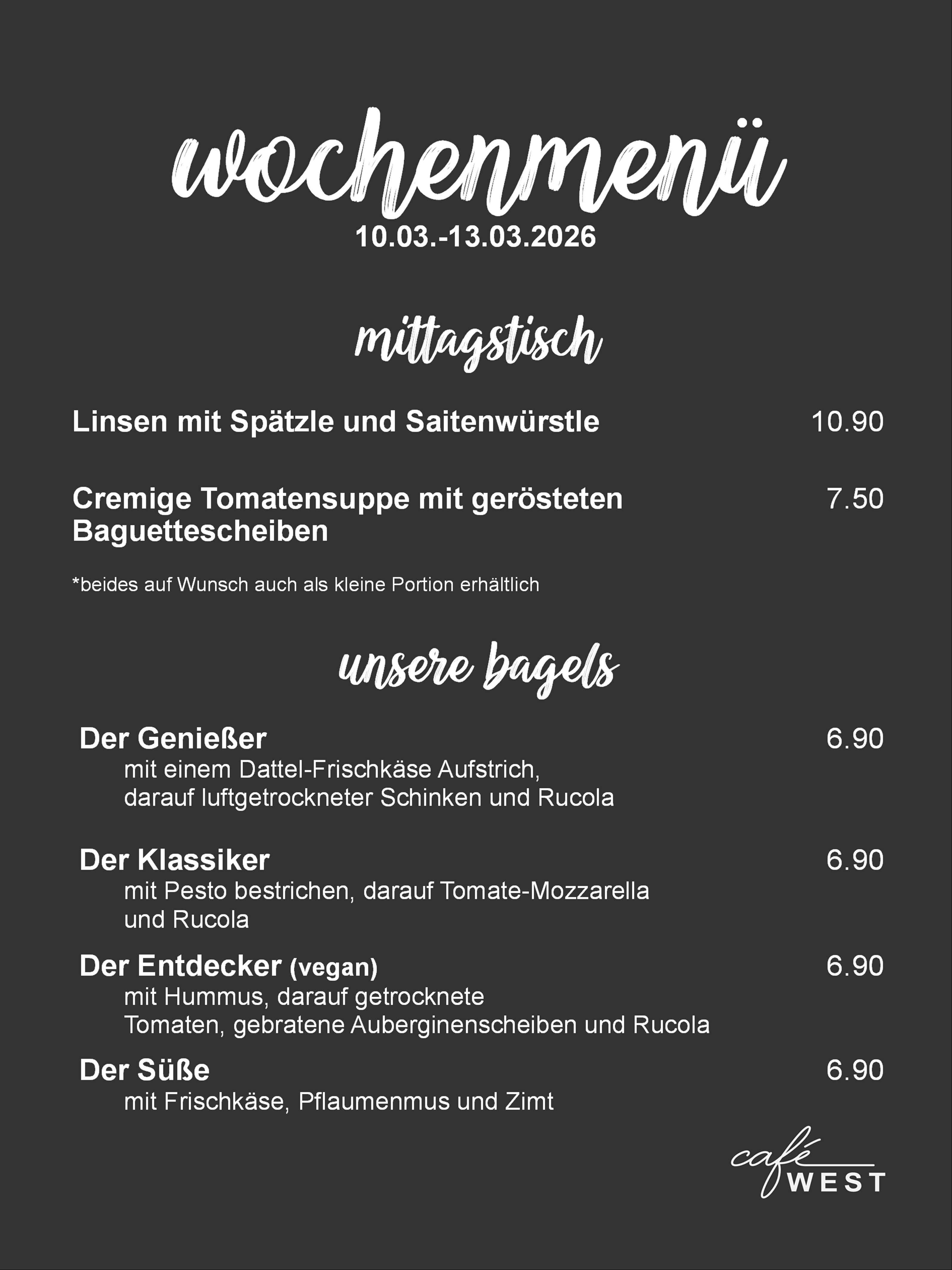 Wochenmenü für Cafe West in Schorndorf