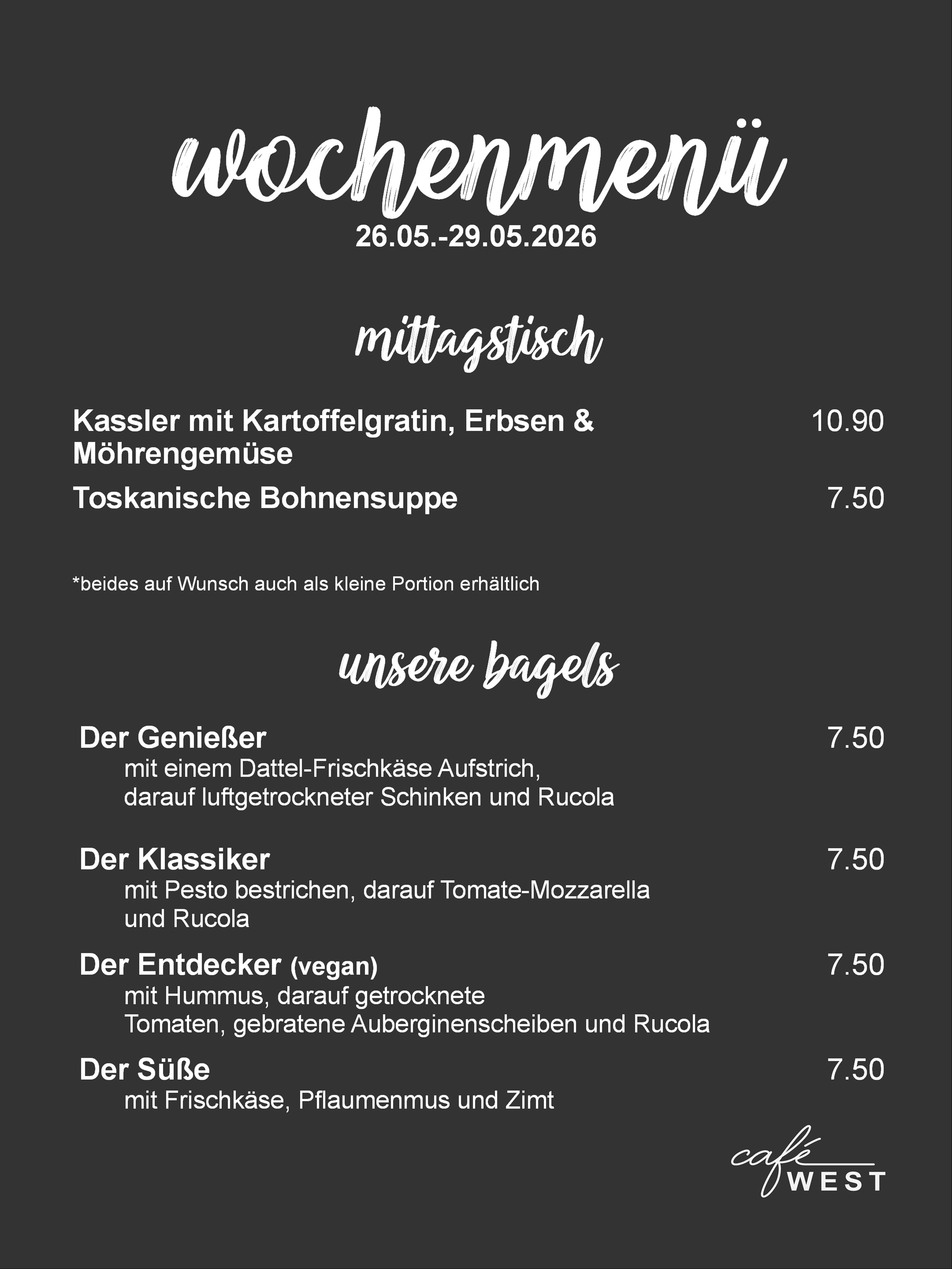 Wochenmenü für Cafe West in Schorndorf