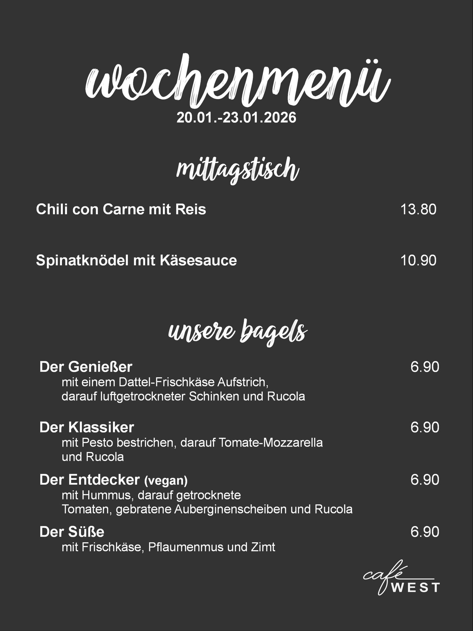 Wochenmenü für Cafe West in Schorndorf
