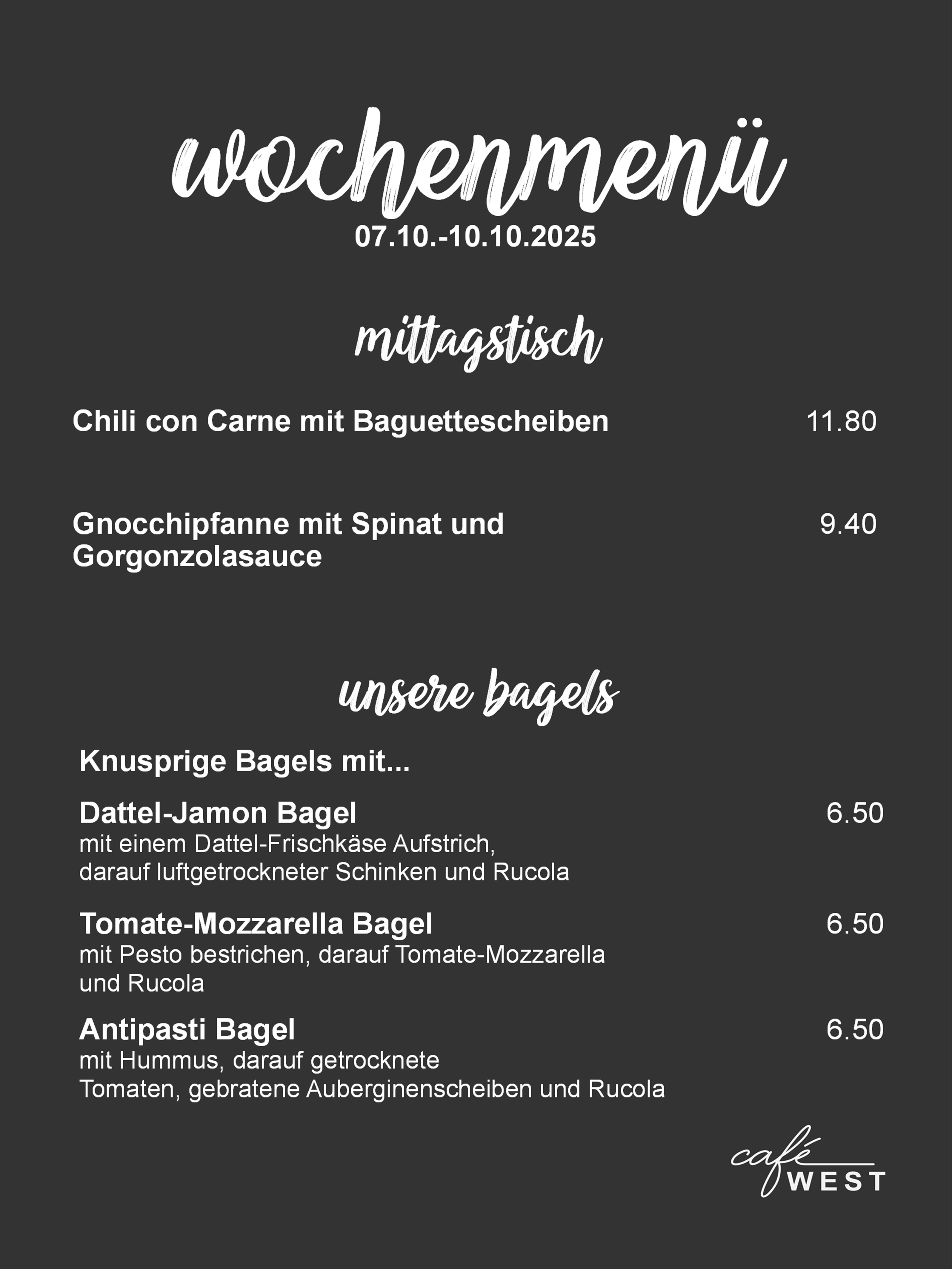 Wochenmenü für Cafe West in Schorndorf