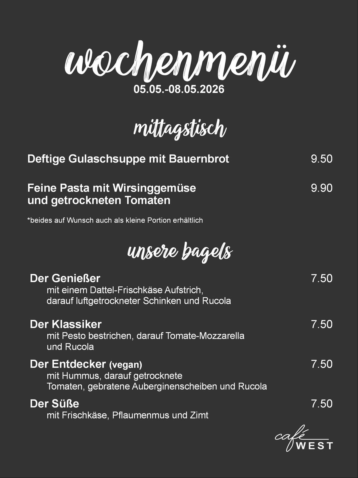 Wochenmenü für Cafe West in Schorndorf