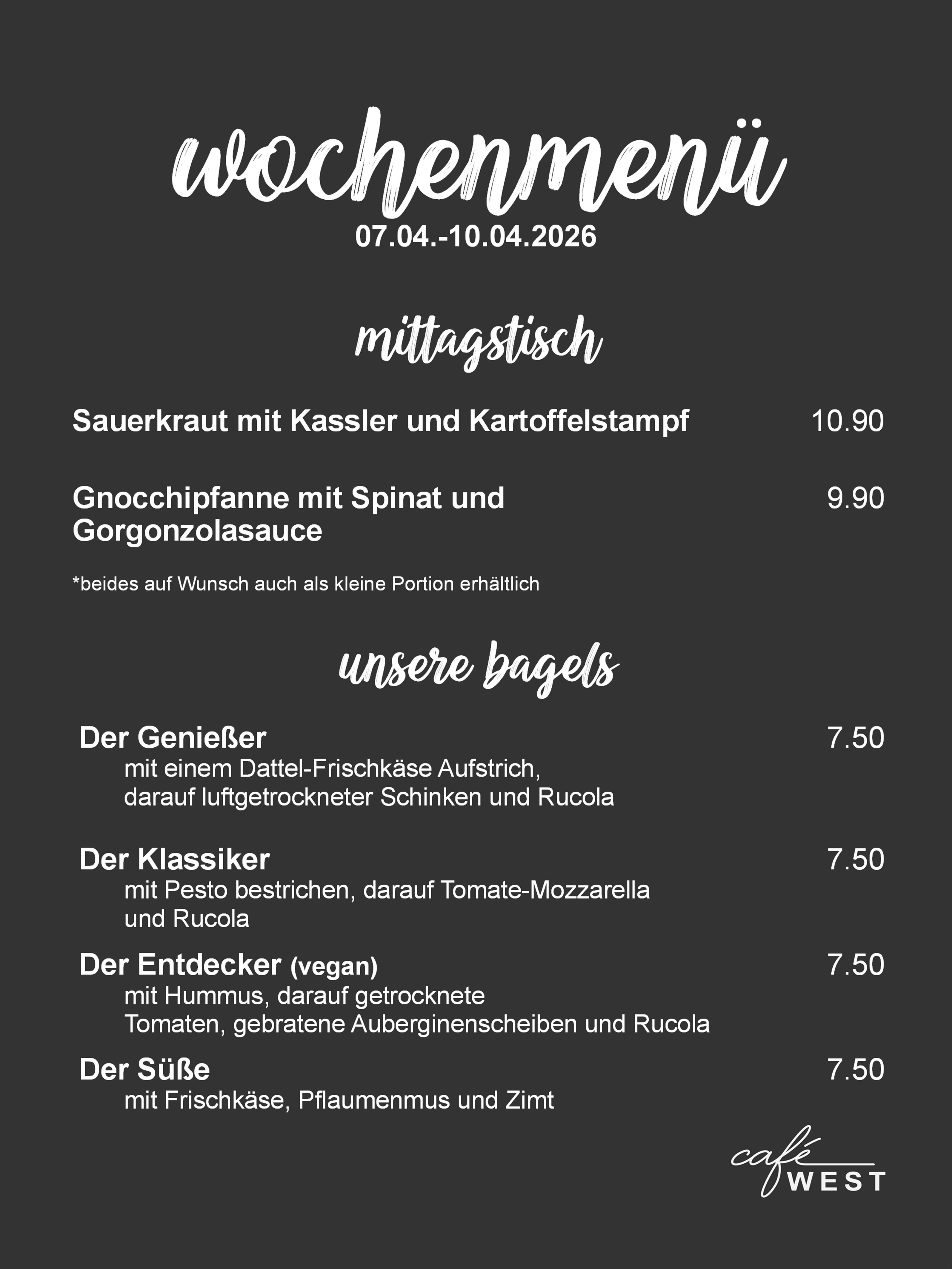Wochenmenü für Cafe West in Schorndorf